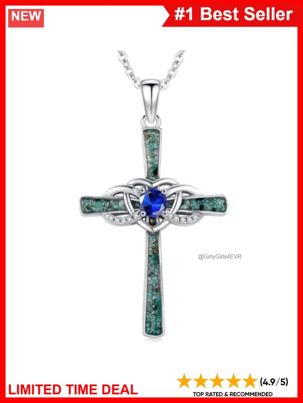 Sterling Silver Cross Necklace Sapphire Birthstone Infinity Pendant 18in